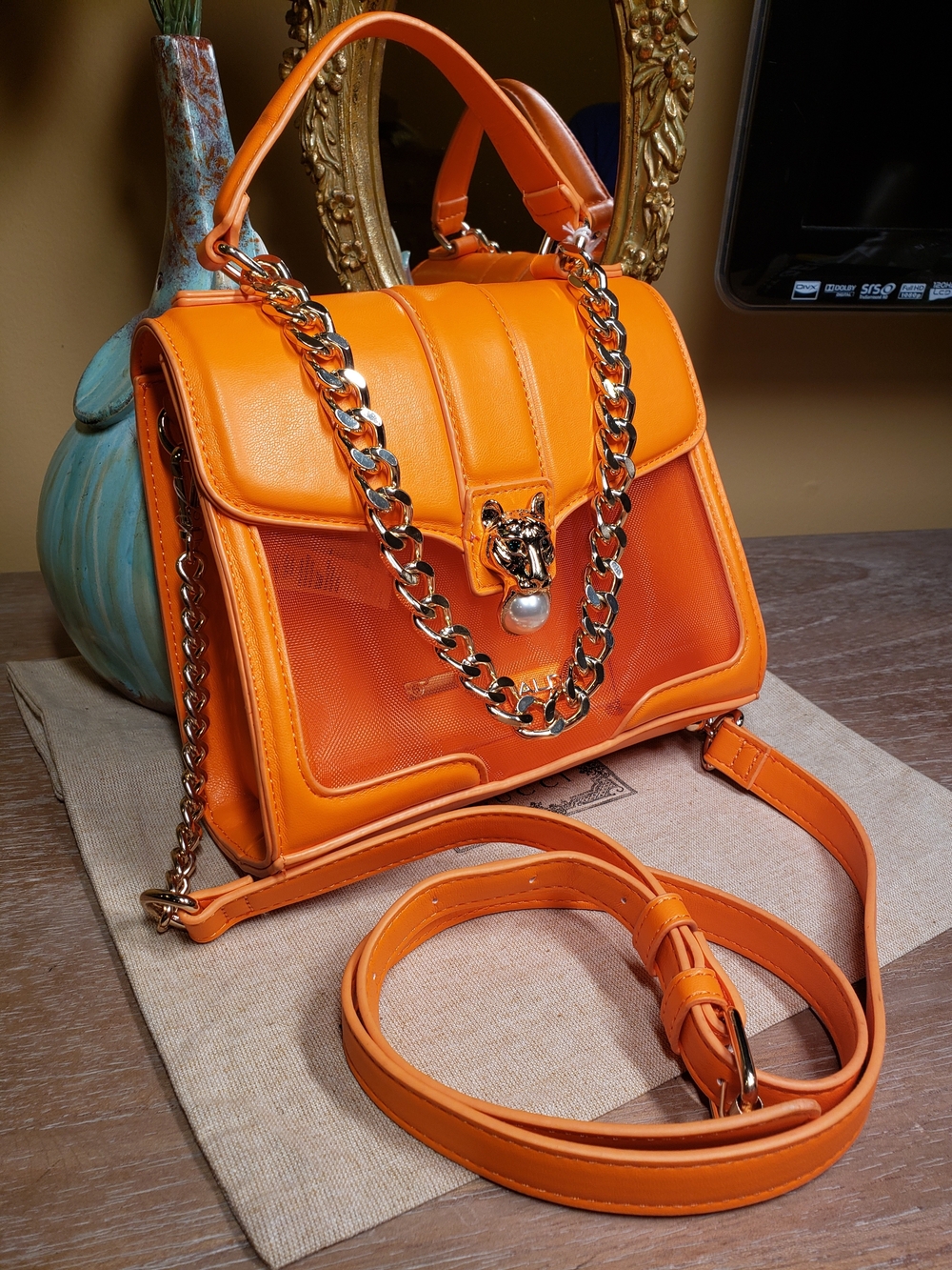 Aldo Orange Mesh Stadium Satchel / Crossbody Bag w/ Tiger & Chain Detail - Picture 2 of 12